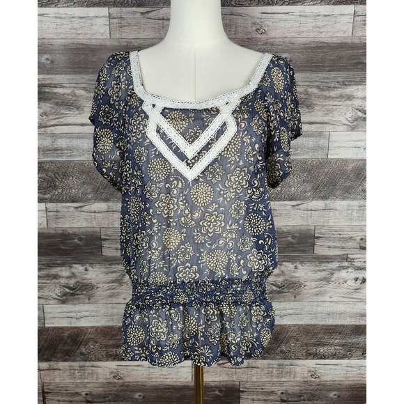 Wrangler Tops - Wrangler Womens Floral Lace Trim Smocked Blouse Navy Blue LW6515M Size Medium